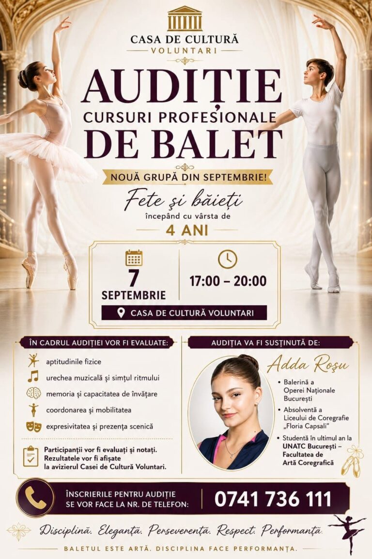 Casa de Cultură Voluntari deschide o nouă grupă de balet profesional. Audiții pe 7 septembrie